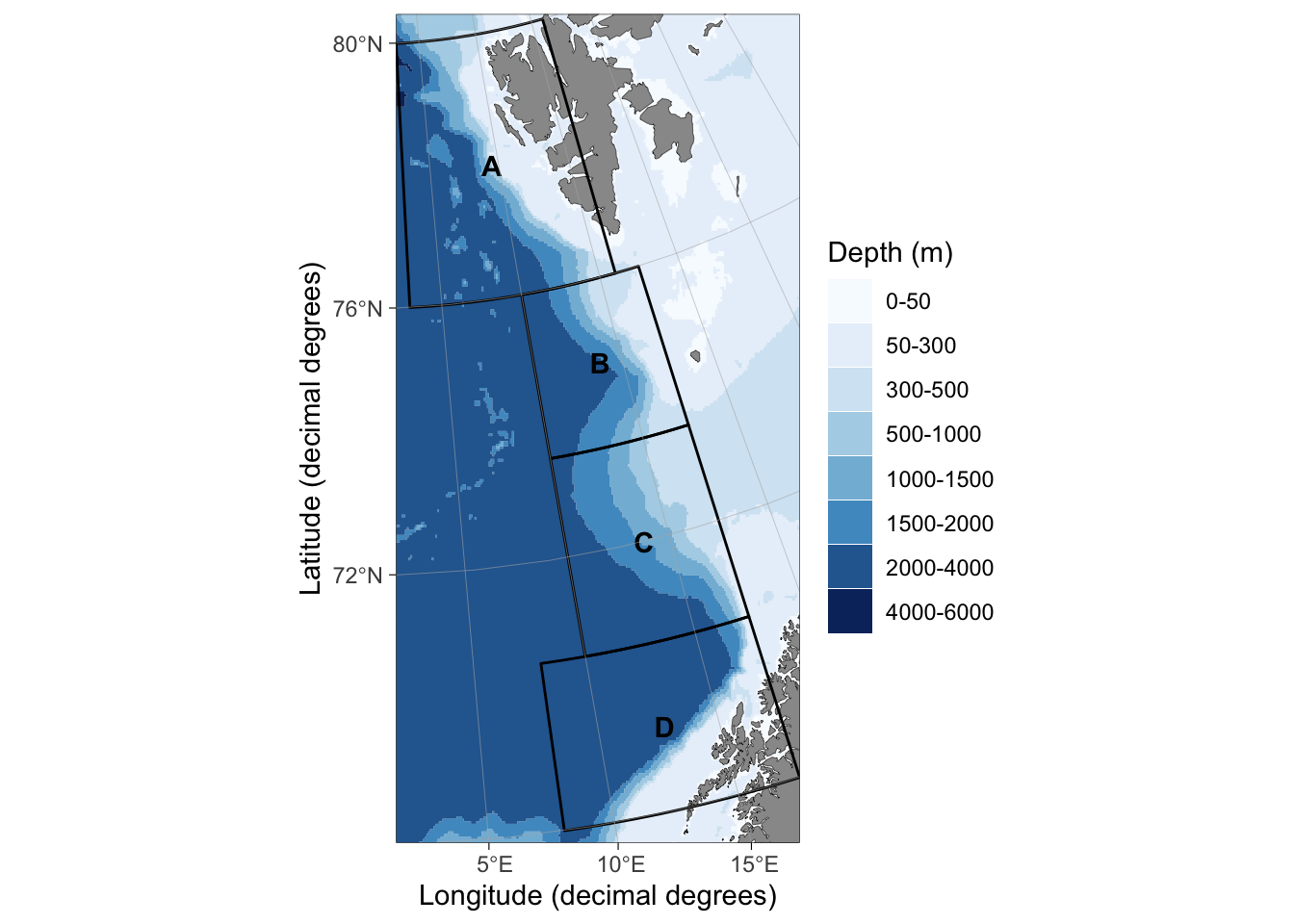 A geostrata system attempting to mimic the EggaNord survey strata for Northeast Greenland halibut. The official system uses latitude and bottom depth at the beginning of trawling for station allocation while the new StoX based approach uses position only.