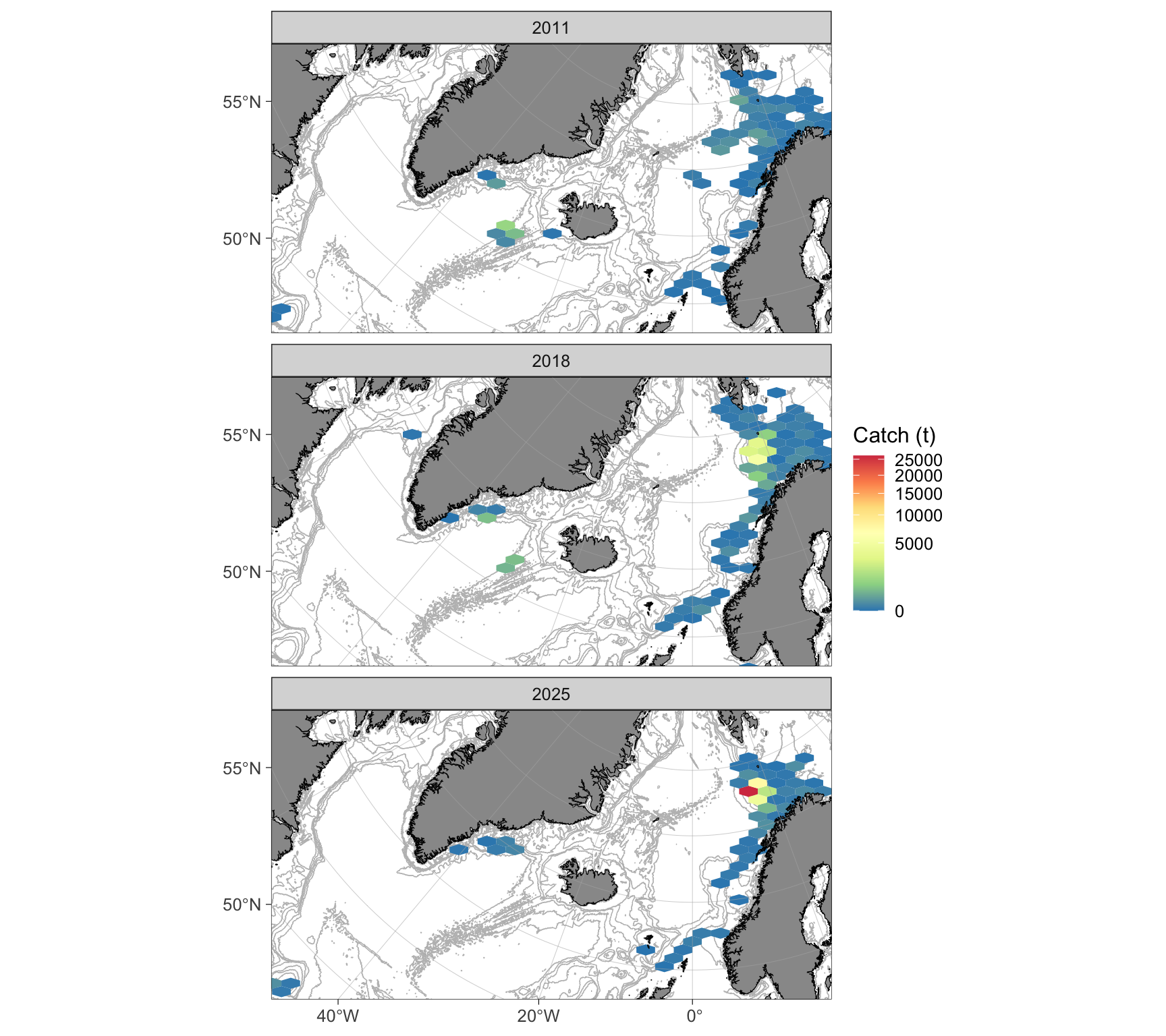 Spatial distribution of total beaked redfish catches by the Norwegian fleet (>15 m) based on ERS data. Facets represent different years. The color scale, indicating aggregated total catches in tons, has been square-root transformed.