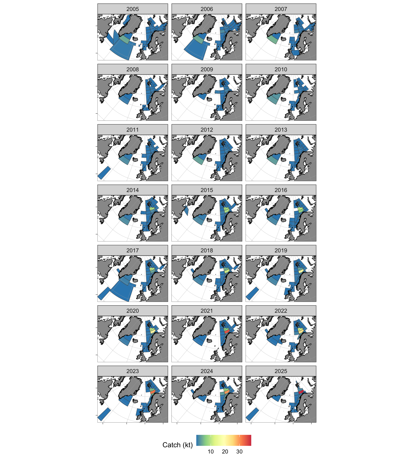 Spatial distribution of beaked redfish landed to Norwegian harbors by year.